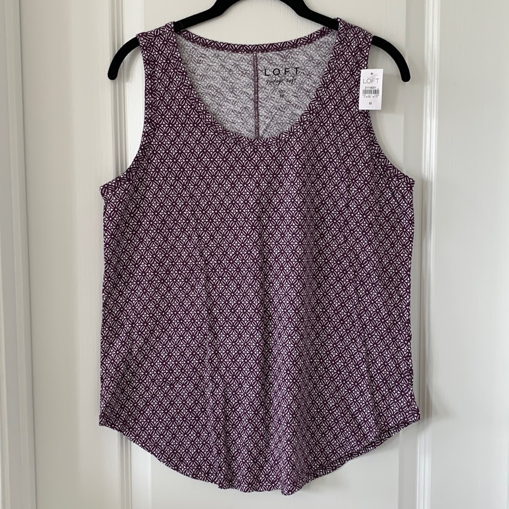 NWT LOFT Purple/White Floral Print 100% Cotton Sleeveless Top Size Medium